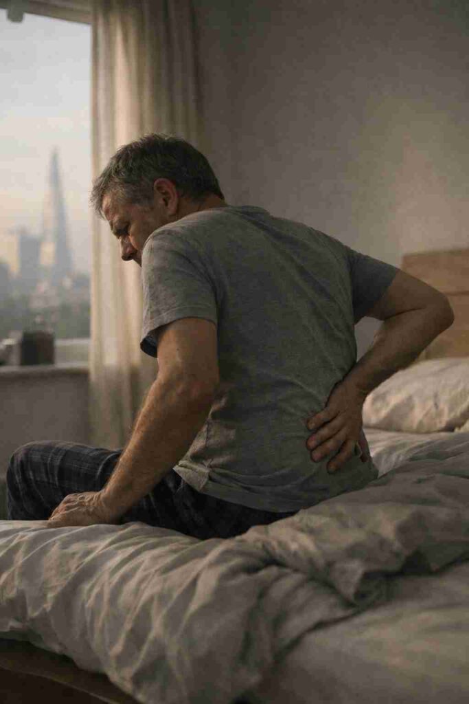 Patient with back pain sitting on bed, holding lower back in discomfort