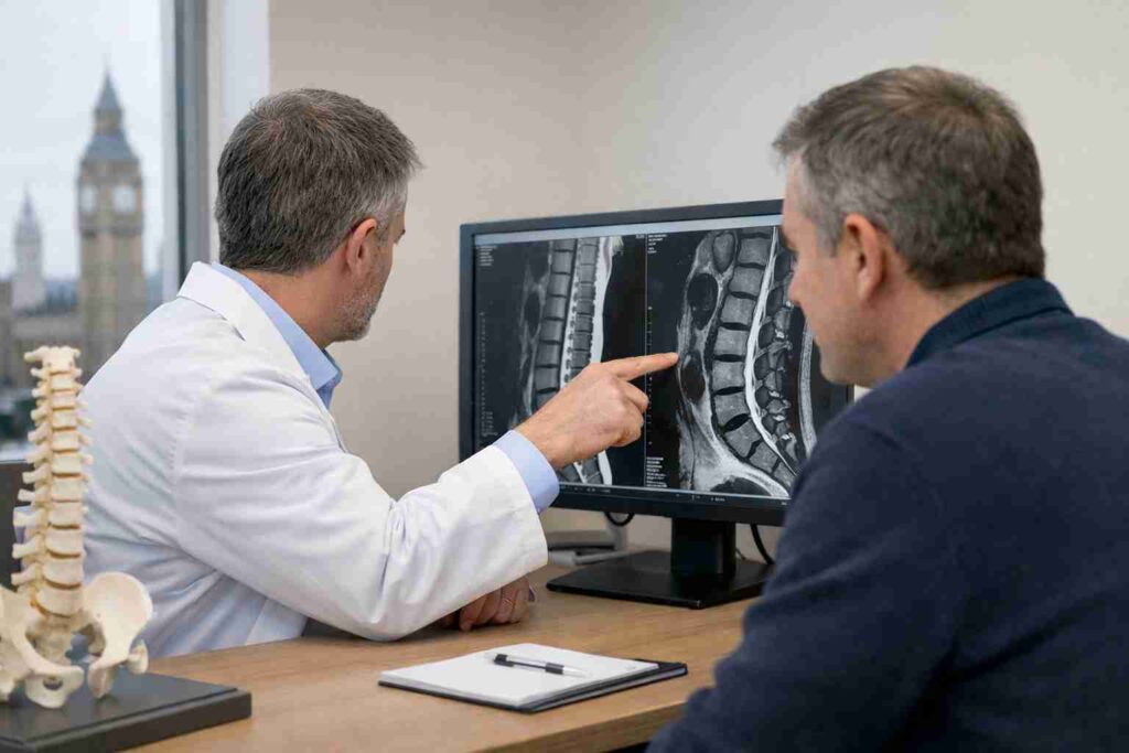Orthopedic doctor explaining MRI results to patient in clinic