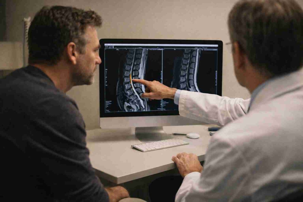 Orthopaedic doctor explaining spine MRI scan to patient during consultation