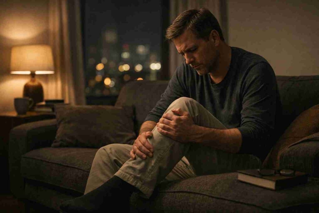 Man experiencing knee joint pain at home during winter discomfort and stiffness