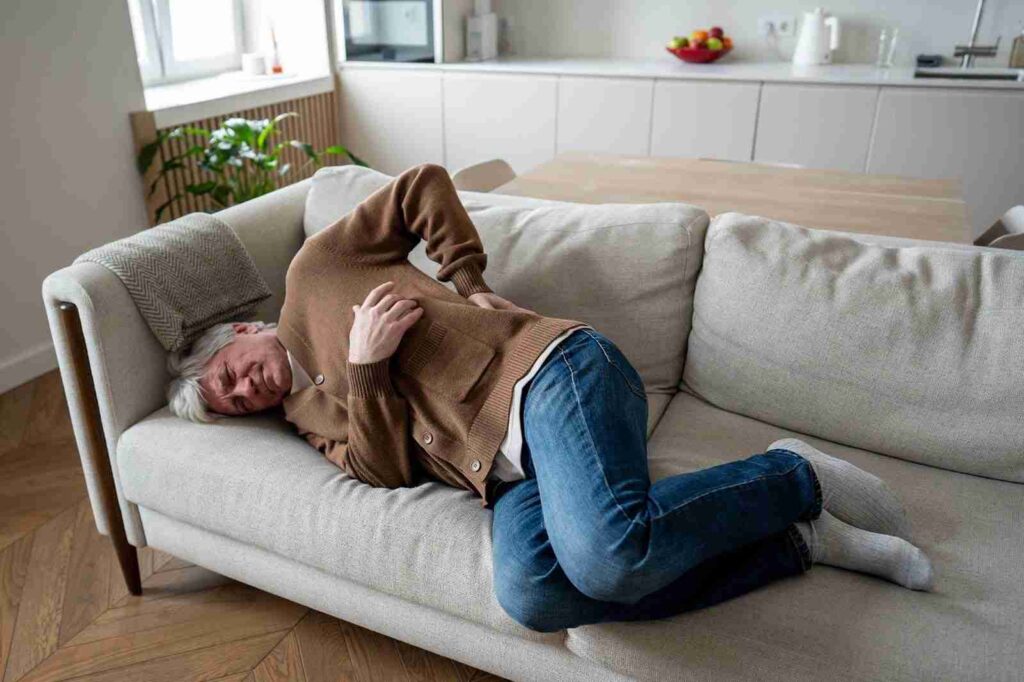 Older man lying on sofa with severe lower back pain at home