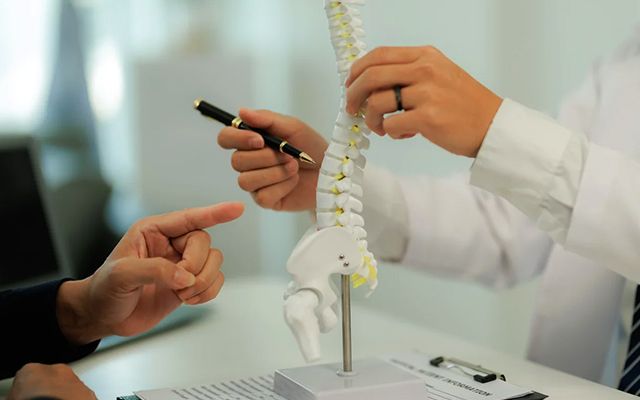 Doctor explaining spine anatomy using a spine model during patient consultation
