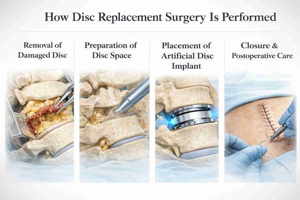 Step-by-step diagram of disc replacement surgery showing disc removal, space preparation, implant placement, and wound closure
