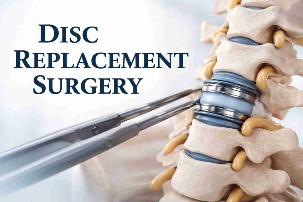 Close-up of artificial spinal disc being inserted between vertebrae during disc replacement surgery