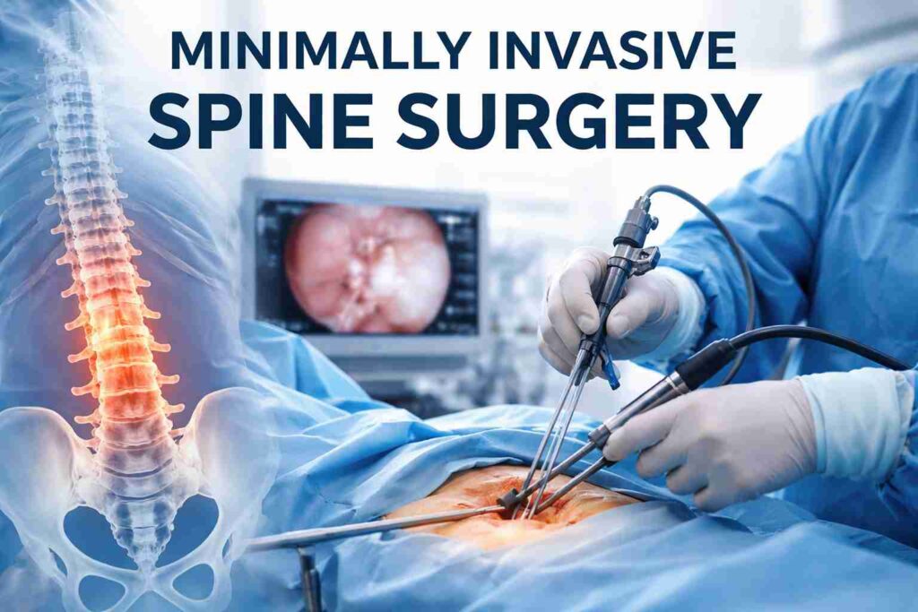 Surgeon performing minimally invasive spine surgery using laparoscopic instruments with spine anatomy illustration highlighting the lower back.