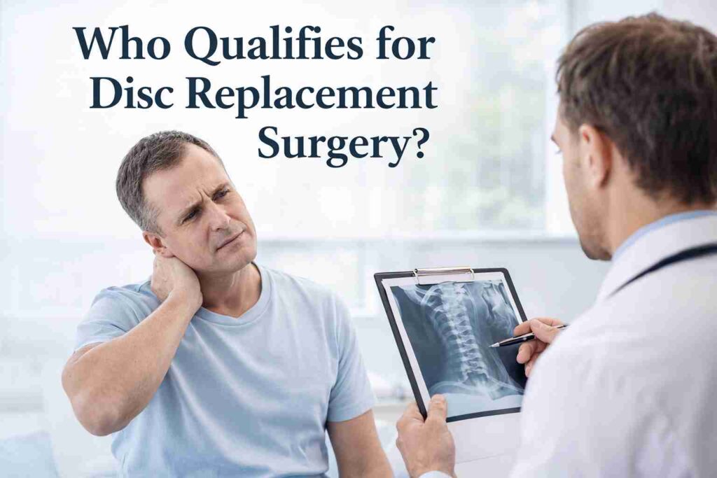 Patient consulting doctor while reviewing spinal X-ray to determine disc replacement surgery eligibility