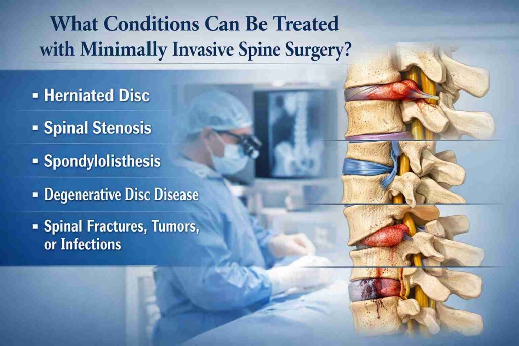 Medical graphic showing spine conditions treated with minimally invasive spine surgery, including herniated disc, spinal stenosis, spondylolisthesis, degenerative disc disease, fractures, tumors, and infections.
