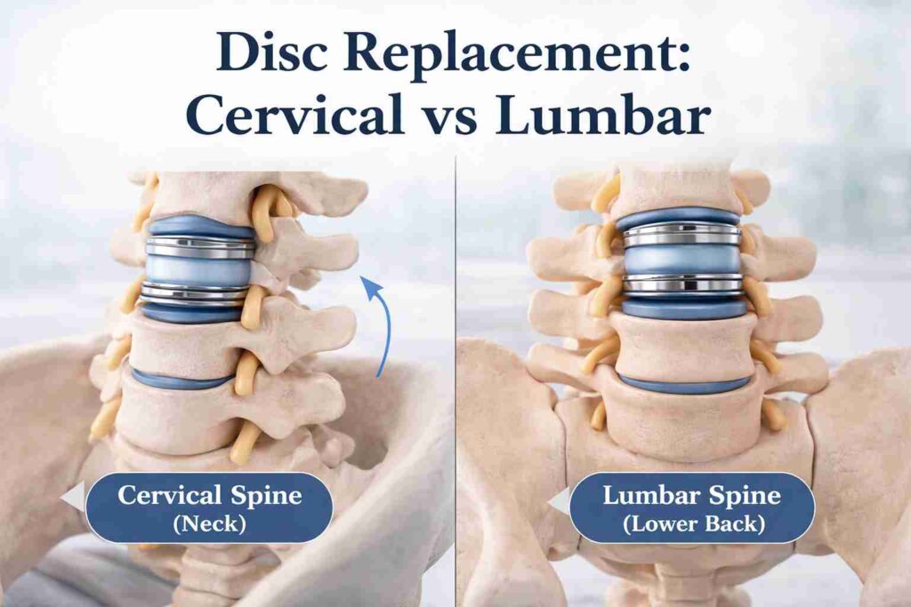 Comparison of cervical and lumbar disc replacement showing artificial disc placement in neck and lower back