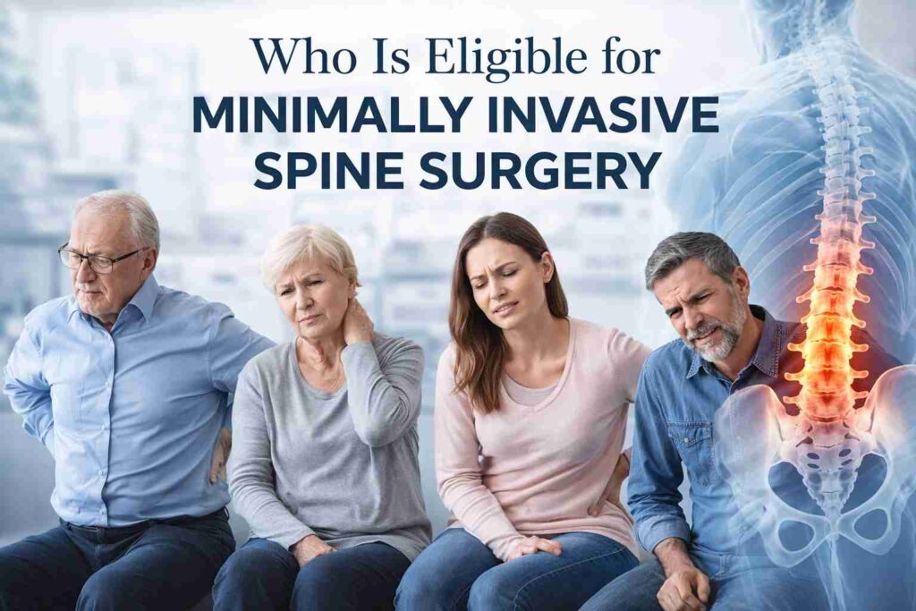 Group of adults experiencing back and neck pain with spine anatomy illustration for minimally invasive spine surgery eligibility.