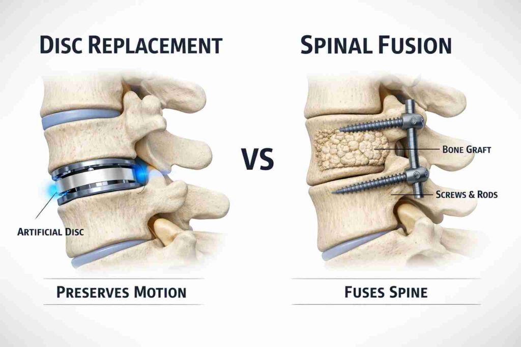 Side-by-side comparison of disc replacement and spinal fusion showing motion preservation versus spine fusion with screws and rods