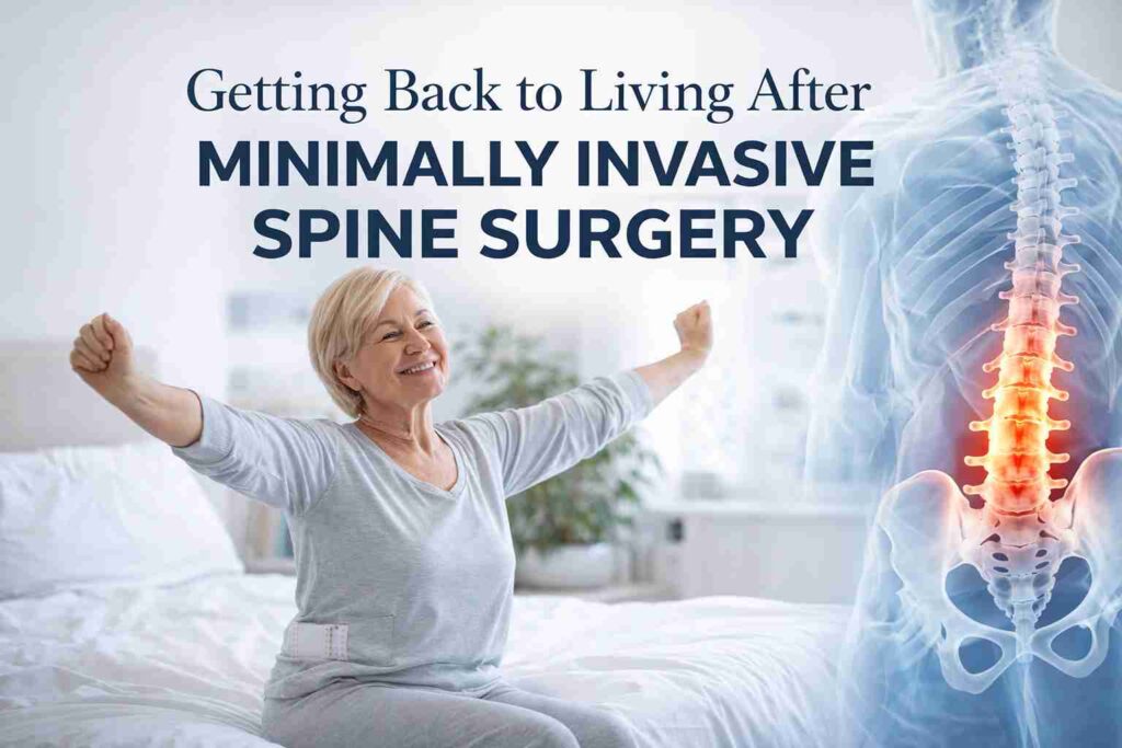 Smiling older woman stretching in bed after minimally invasive spine surgery with spine anatomy illustration showing lower back pain relief.