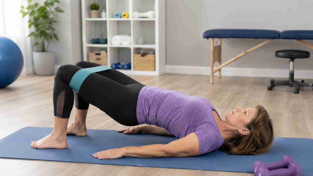 Woman performing a glute bridge with resistance band to strengthen glutes and core for lower back pain relief.
