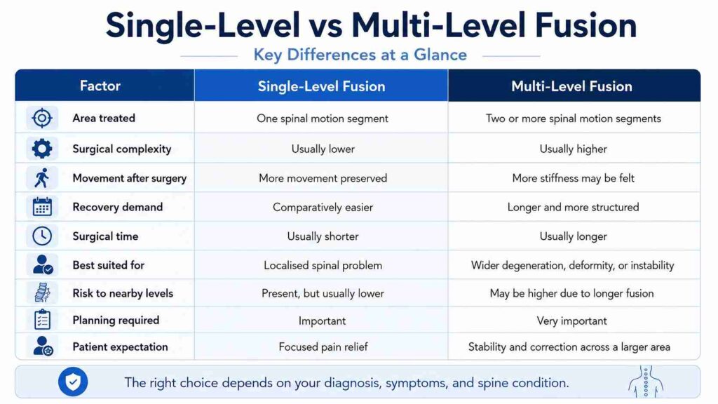 Comparison chart explaining single-level vs multi-level lumbar fusion surgery, including treated spinal levels, surgical complexity, movement after surgery, recovery demand, stiffness risk, and patient expectations.