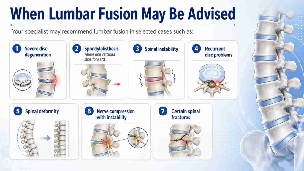 Medical illustration showing when lumbar fusion surgery may be advised, including severe disc degeneration, spondylolisthesis, spinal instability, nerve compression, recurrent disc problems, spinal deformity, and fractures.