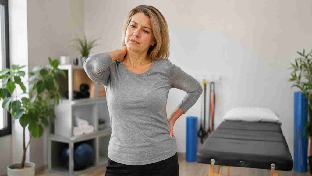 Woman holding her neck and lower back in a physiotherapy room, showing chronic back pain linked to muscle imbalance.