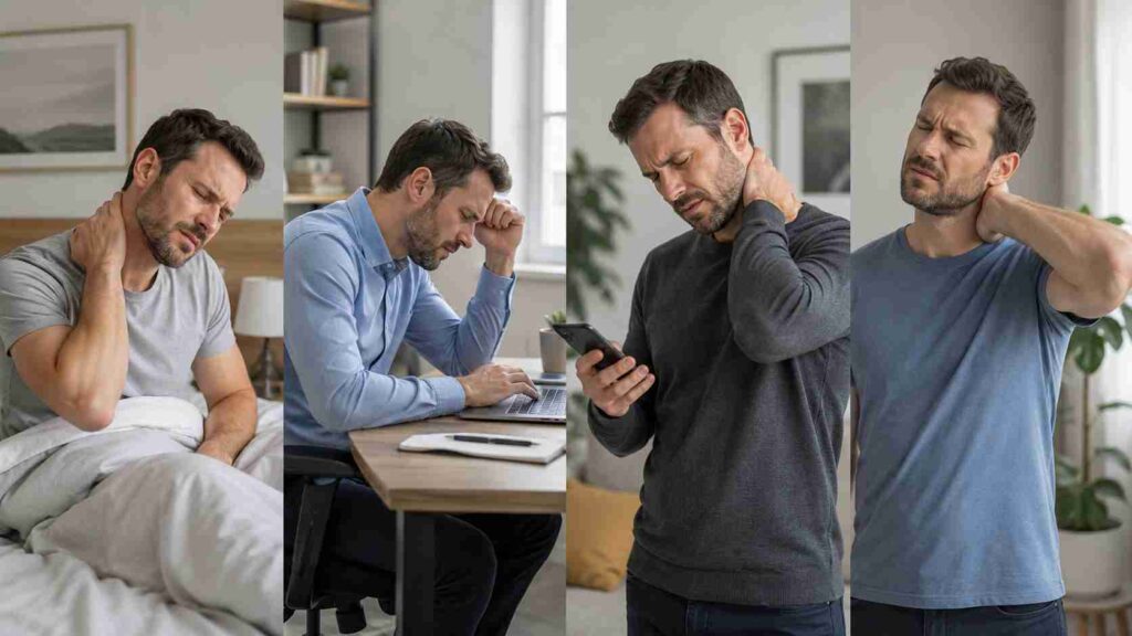 Man experiencing neck pain in different daily situations, showing morning stiffness, poor posture, text neck, and cervical muscle strain.