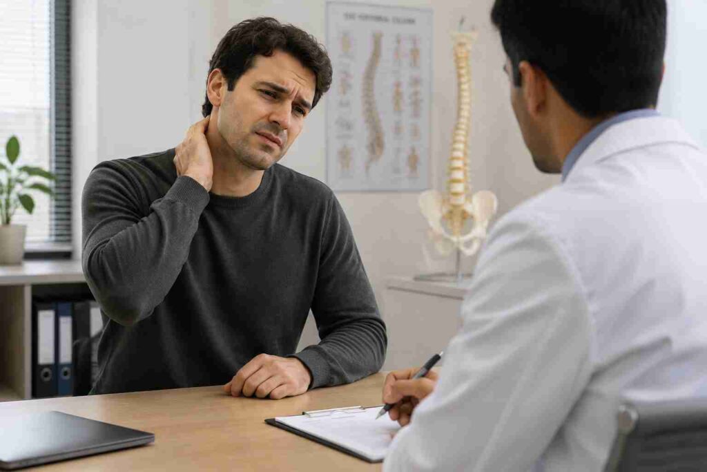 Patient consulting a neck pain specialist for persistent neck stiffness, cervical spine pain, posture issues, and morning neck discomfort.